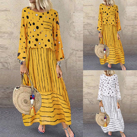 Echoine Women long maxi dresses Polka dot large loose fake two-piece cotton linen dress autumn plus size sundress female cloth
