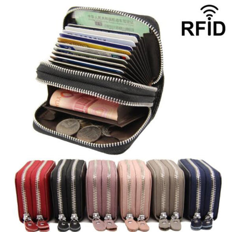 Genuine Leather Women Business Card Holder Wallet Double Zipper Bank Credit Card Case ID Holders RFID Wallet Coin Purse Red Pink