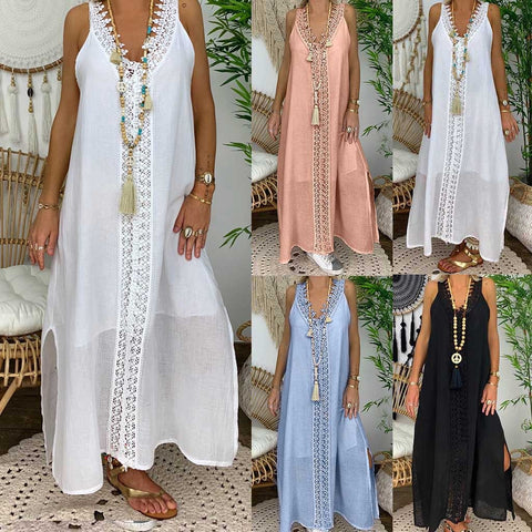2020 Women Summer Dress Plus Size Sleeveless Holiday Off Shoulder Lace Dress Maxi  Long  Causal Party Beach  Boho Loose  Dresses