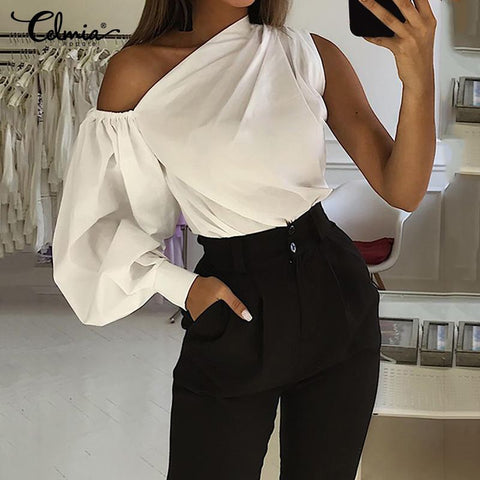 Celmia 2020 Plus Size Fashion Women Long Sleeve Shirts Ladies Cold Shoulder Solid Blouses Office Casual Loose Top Elegant Blusas